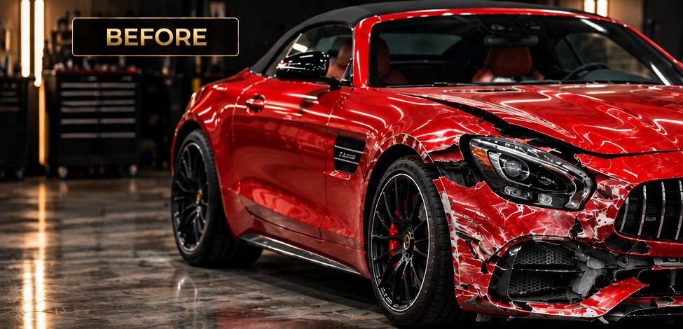 Red AMG with front-end damage before repair